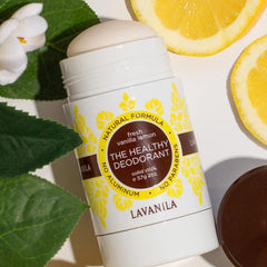 Lavanila Vanilla Lemon deodorant stick close-up showing smooth daily application.
