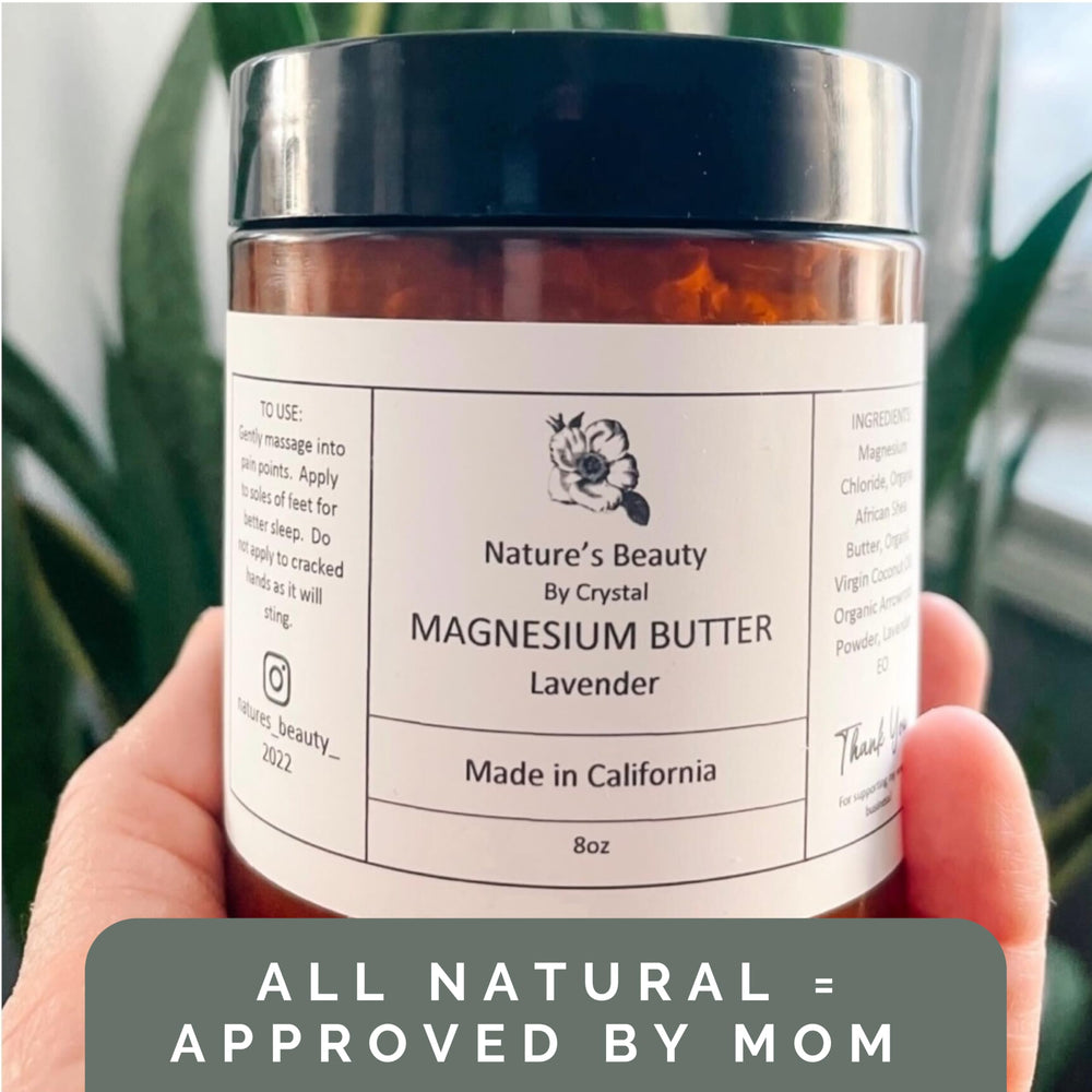 Lavender Magnesium Lotion amber jar label emphasizes vegan, cruelty-free branding.