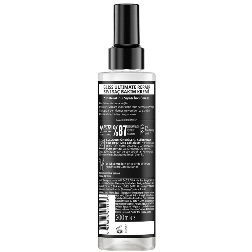 Lavis Gliss Ultimate Repair Conditioner Spray packaging highlights Liquid Keratin for repair