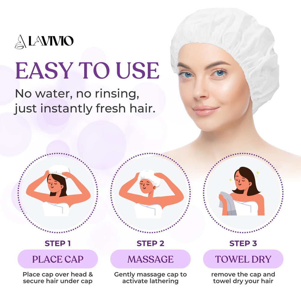 LAVIVIO No Rinse Shampoo Cap warmed in a microwave for spa-like waterless wash.