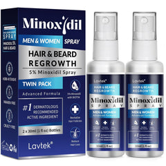 Lavtek 5% Minoxidil spray bottle focused on thinning areas for improved appearance