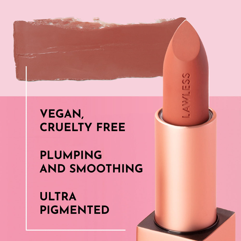 Cookie shade swatch on lips highlighting satin finish and color payoff