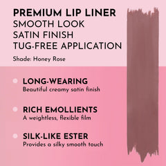 Close-up of Lawless liner outlining lips in Honey Rose for precise definition.