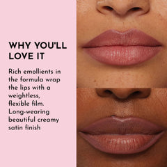 Long-wearing satin finish shown with Lawless Definer Liner in Honey Rose.