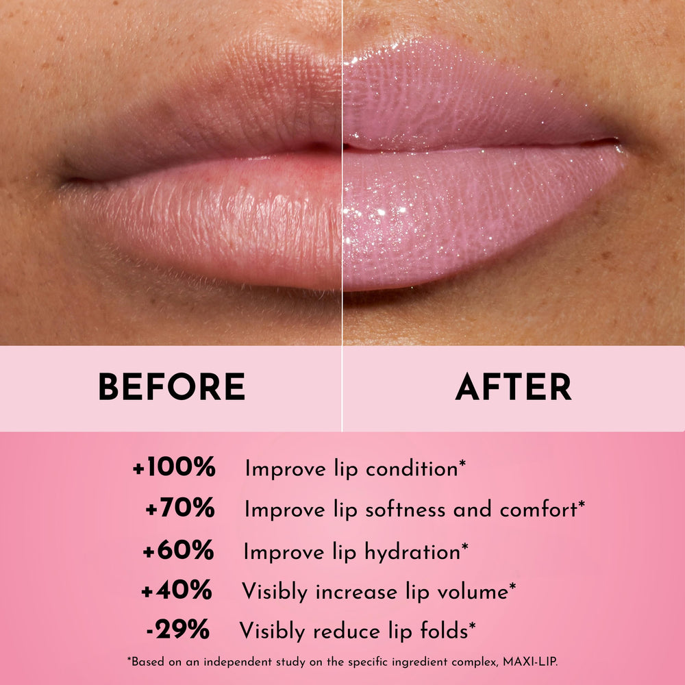 High-shine lip gloss highlights contours with a subtle plump look.
