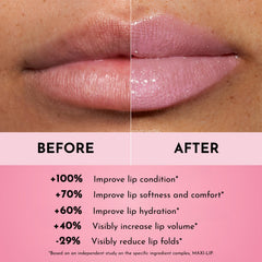 High-shine lip gloss highlights contours with a subtle plump look.