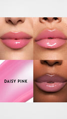 Lawless Daisy Pink lip gloss on lips with long-lasting shine
