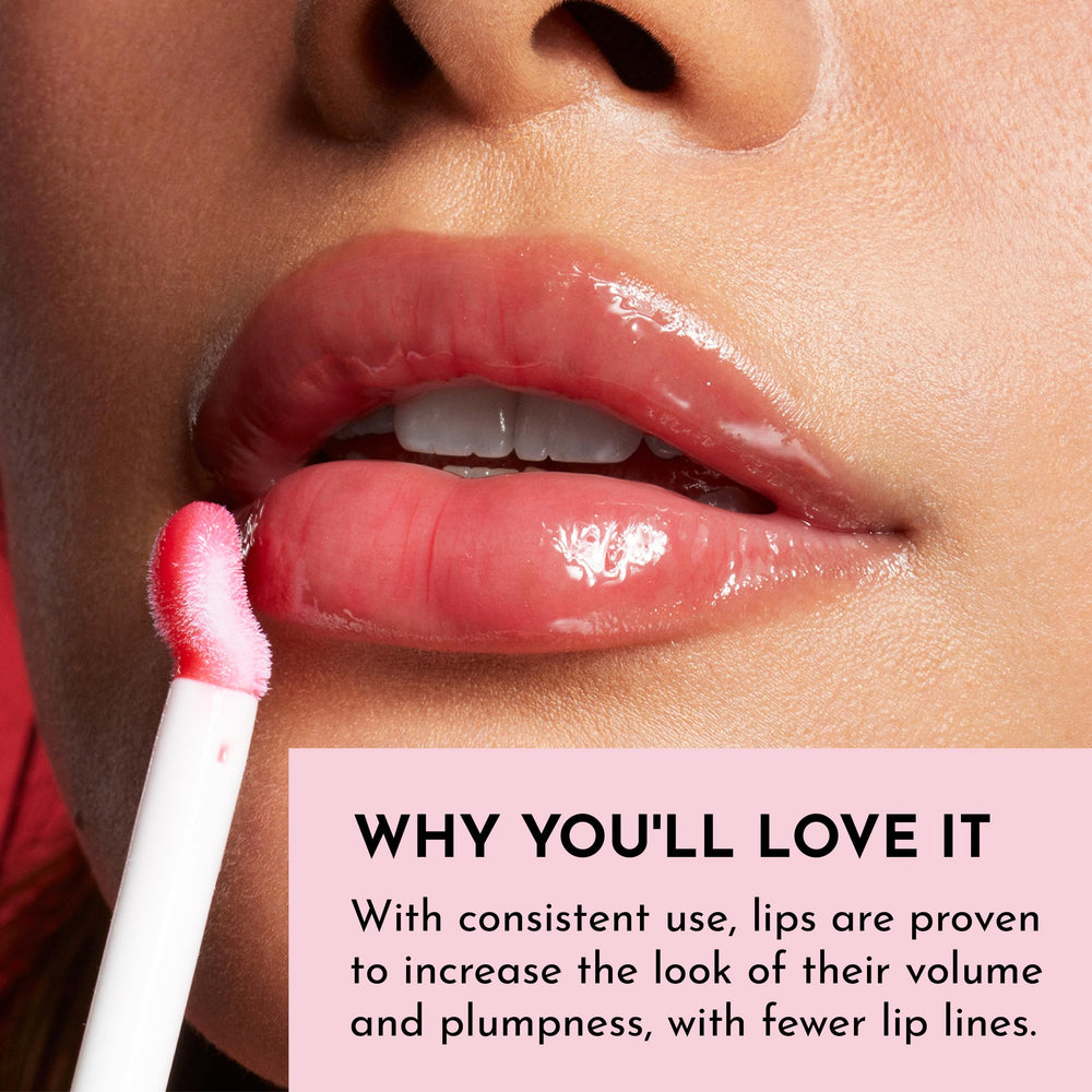 Texture swatch of LAWLESS Forget The Filler lip gloss on lips for shine and moisture.