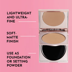 LAWLESS talc-free powder swatch indicates buildable medium coverage on skin.