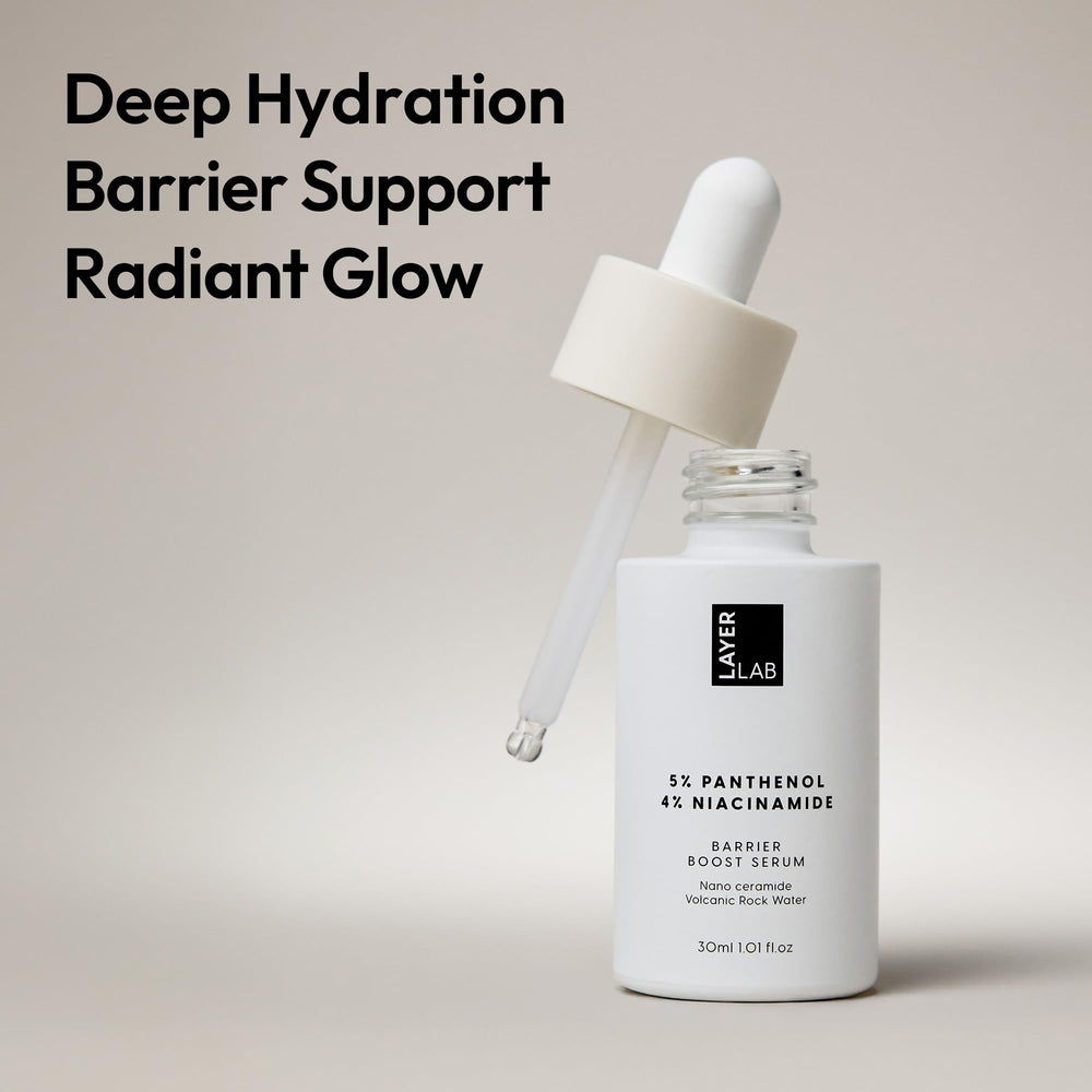 LAYERLAB Barrier Boost Serum volcanic water highlight showing mineral-rich hydration.