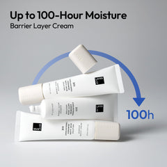 LAYERLAB Barrier Moist Cream ingredients visual featuring ceramide, cholesterol, and fatty acids.