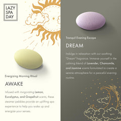 Awake pebble image with lemon, eucalyptus, and grapefruit for an uplifting shower.
