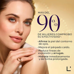 L'Bel Concentré Total Eye Cream ring-finger application showing gentle, precise patting.
