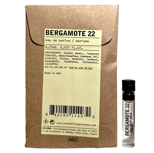 Le Labo Bergamot 22 bottle close-up with label and cap, premium presentation.