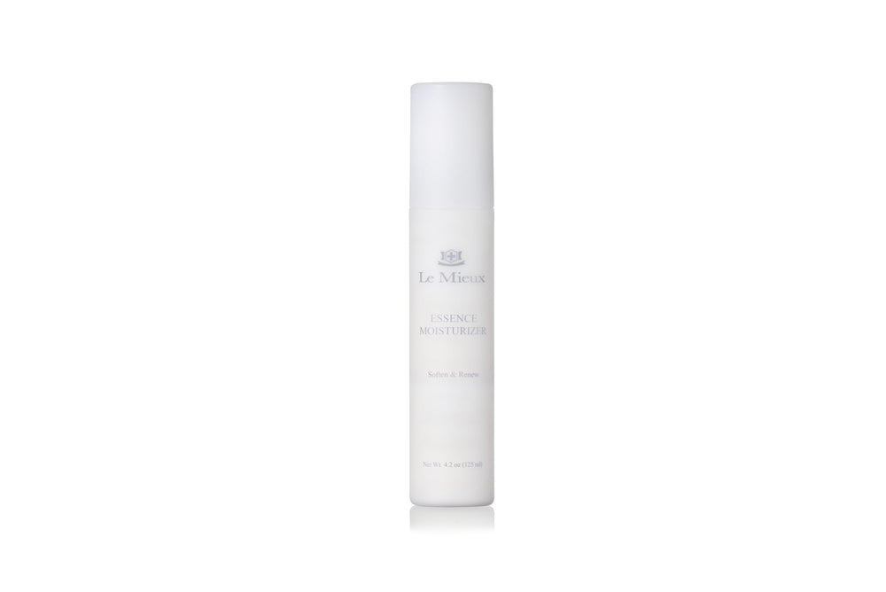 Le Mieux Essence Moisturizer bottle closeup highlights peptide formula for rejuvenation.