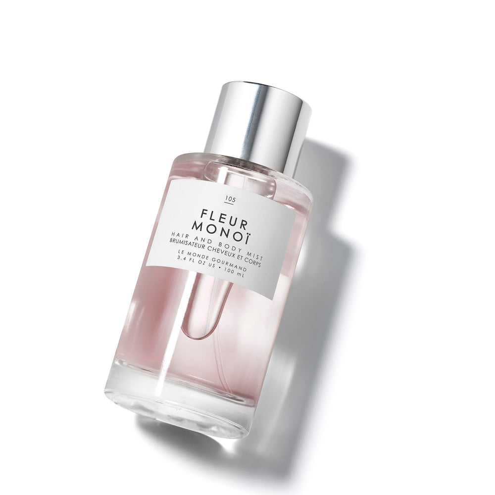 Le Monde Gourmand Fleur Monoi bottle front, elegant floral gourmand scent for daily wear