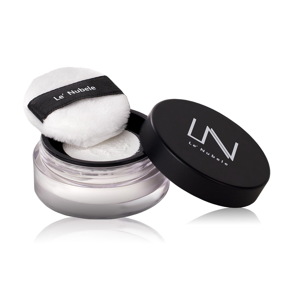 Le Nubele Azulene face cover powder compact highlights natural coverage and pore blurring.