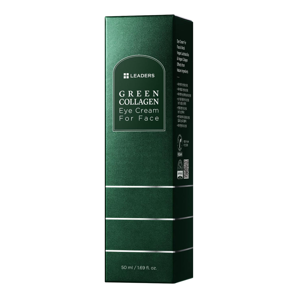 LEADERS Green Collagen Eye Cream vegan label emphasizes plant-powered formula.