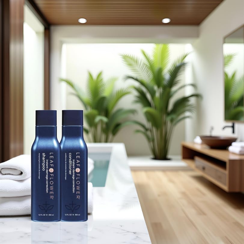 Leaf & Flow blue packaging closeup highlighting clean, color-safe hair care.