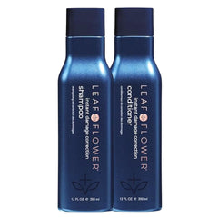 Leaf & Flow shampoo and conditioner duo bottles in blue signaling damage repair and revitalized hair.