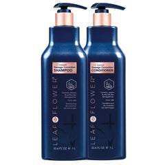 Leaf & Flower shampoo bottle on blue packaging promotes gentle cleansing for scalp