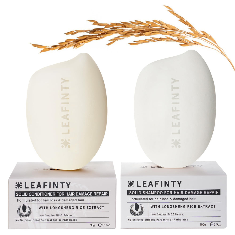 Leafinty rice water shampoo bar packaging highlights eco-friendly design.