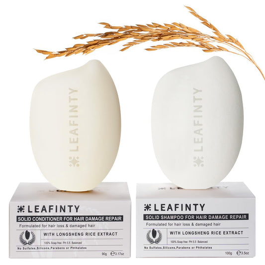 Leafinty rice water shampoo bar packaging highlights eco-friendly design.