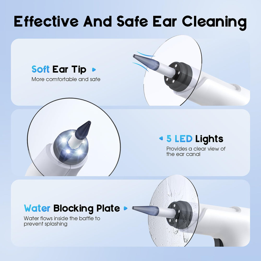 Lebbtl five-led ear canal illumination aids thorough cleaning.