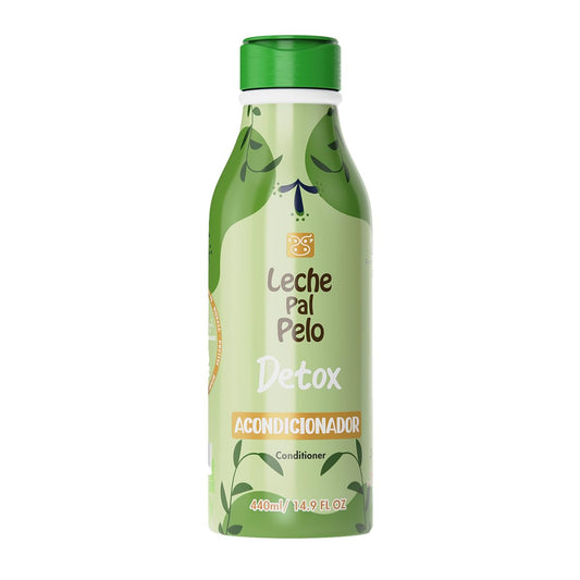 Leche Pal Pelo Detox Conditioner bottle highlighting antioxidant blend for healthy-looking shine.