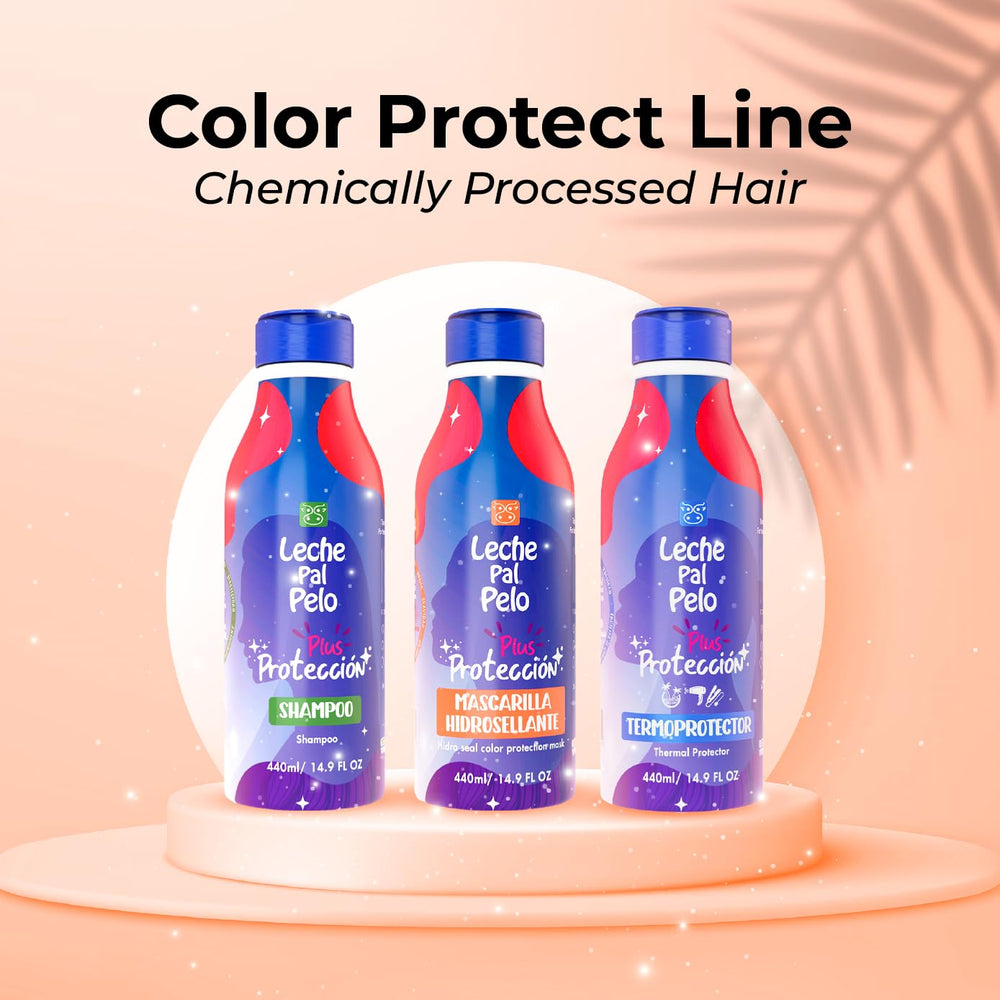 Bathroom scene with Leche Pal Pelo shampoo emphasizing color protection