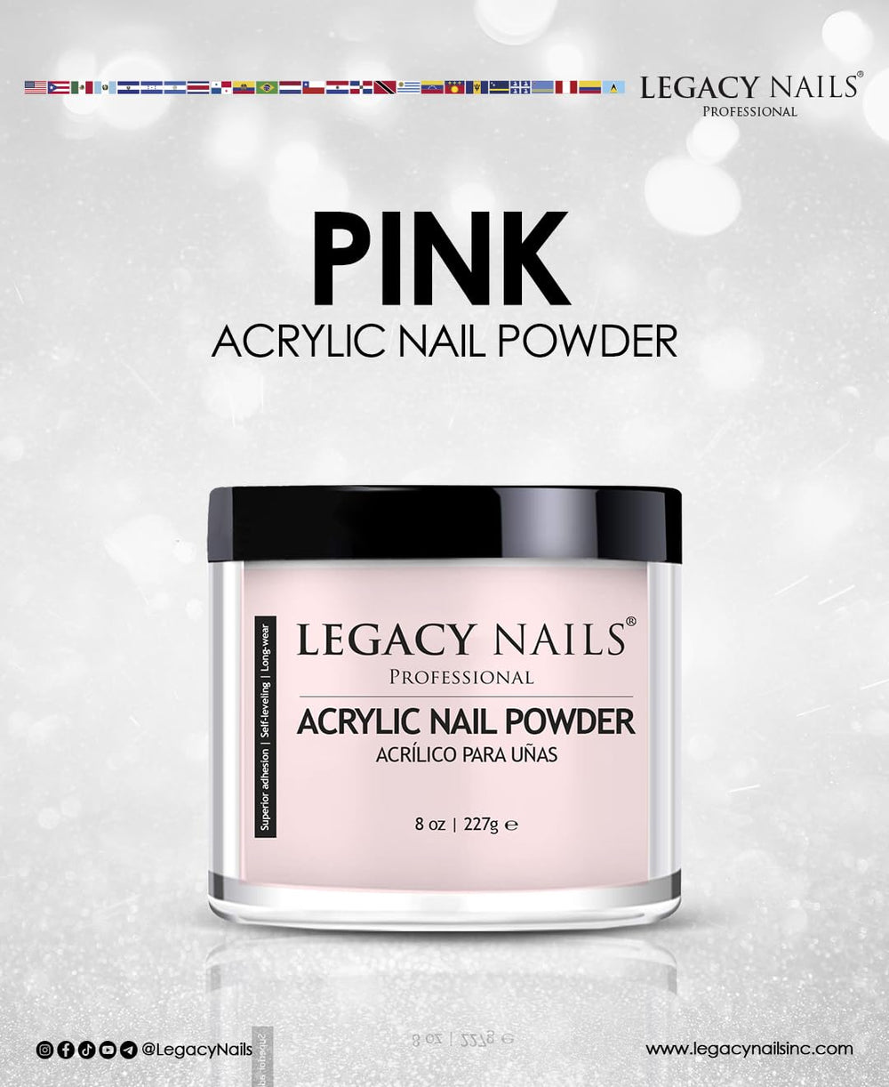 Legacy Nails blending cover acrylics on nail extensions for natural pink look.
