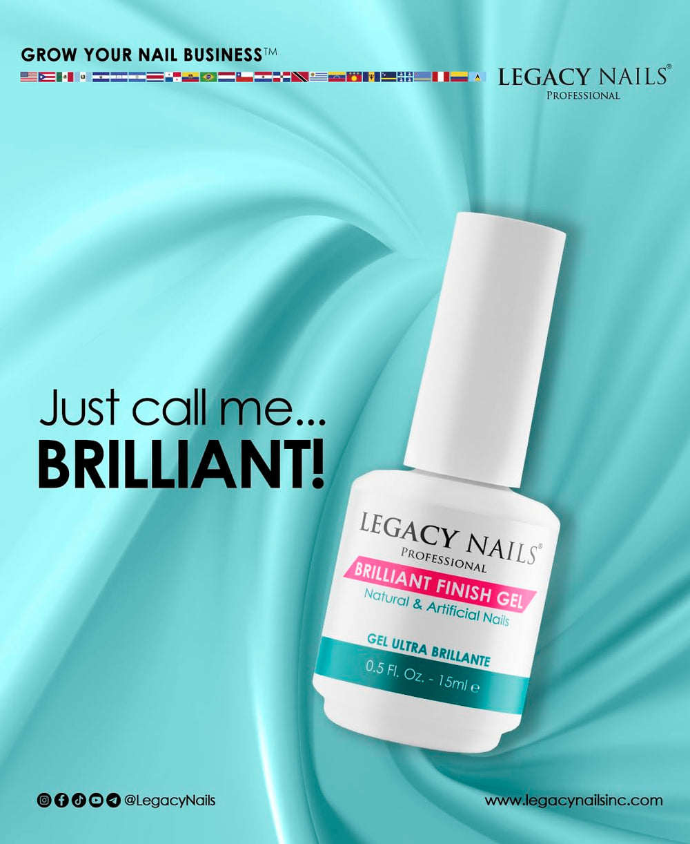 Legacy Nails BRILLANT FINISH Gel Top Coat application under UV/LED light for quick curing