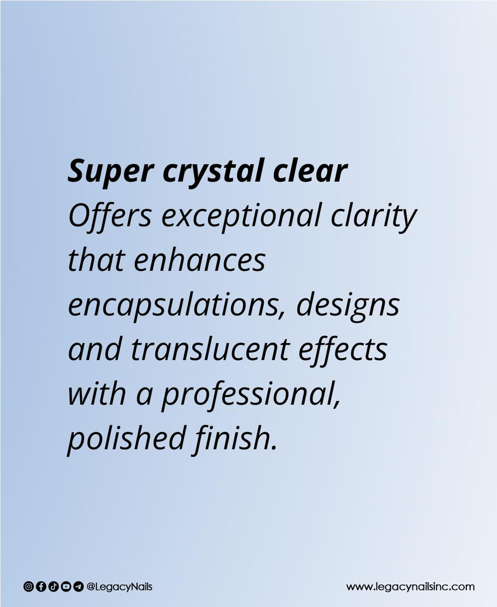 Legacy Nails clear acrylic powder with self-leveling texture for smooth results.