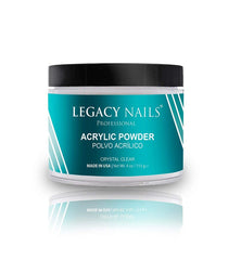 Legacy Nails crystal clear acrylic powder bottle for ultra-transparent extensions.