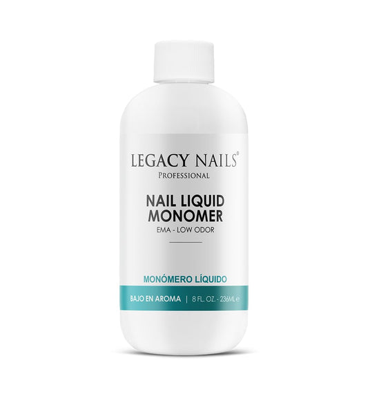 Legacy Nails liquid monomer bottle pour for acrylic systems.