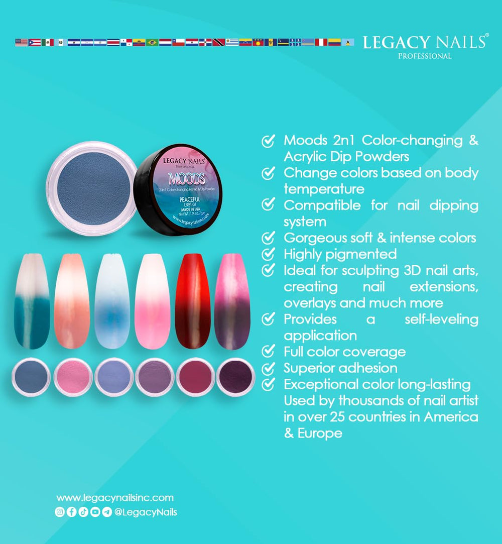 Legacy Nails Moods dip and acrylic powder for flexible at-home or studio nail extensions.