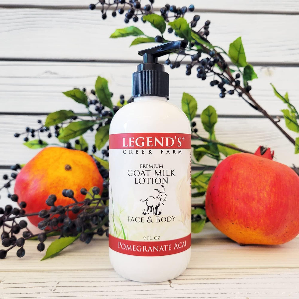 Legend's Creek Goat Milk Lotion label highlighting goat milk and clean ingredients.