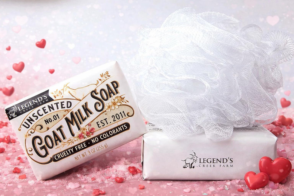 Legend's Creek Goat Milk Soap bar packaging highlights cruelty-free production and pure ingredients.