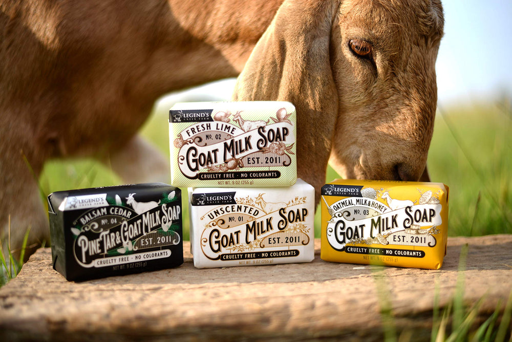 Legend's Creek Goat Milk Soap packaging highlighting natural ingredients