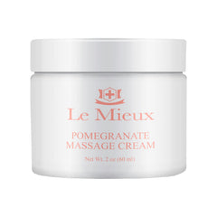 Le Mieux Pomegranate Massage Cream bottle closeup showing rich texture for soothing facial massage.