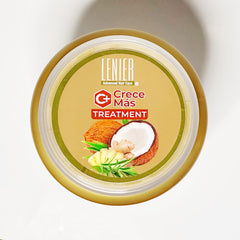 Lenier Crece Mas Treatment label shows floral scent and ginger-coconut-rosemary profile.