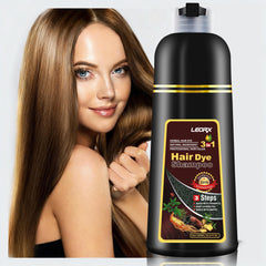 Leorx 3-in-1 Brown Hair Dye Shampoo bottle with natural ingredients for even color