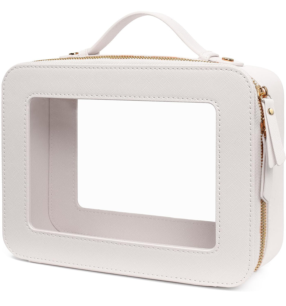 LETGO large clear makeup bag front view with PU accents for easy at-a-glance organization