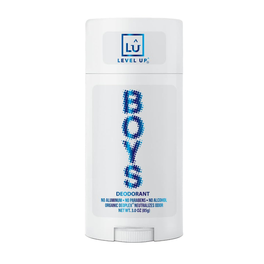 Level Up boys deodorant packaging in kid-friendly design for daily use.