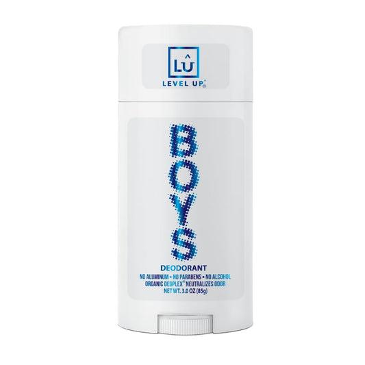 Level Up boys deodorant packaging in kid-friendly design for daily use.
