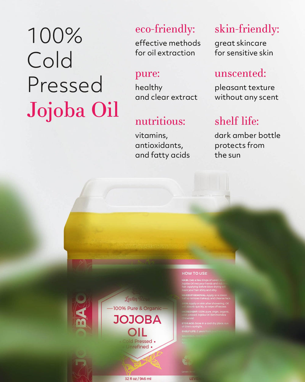 Leven Rose Jojoba Oil bulk label closeup showing premium purity for skincare and DIY