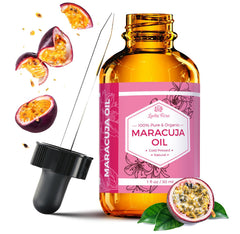 Leven Rose Maracuja Oil bottle—amber glass preserves potency for skin and hair care.