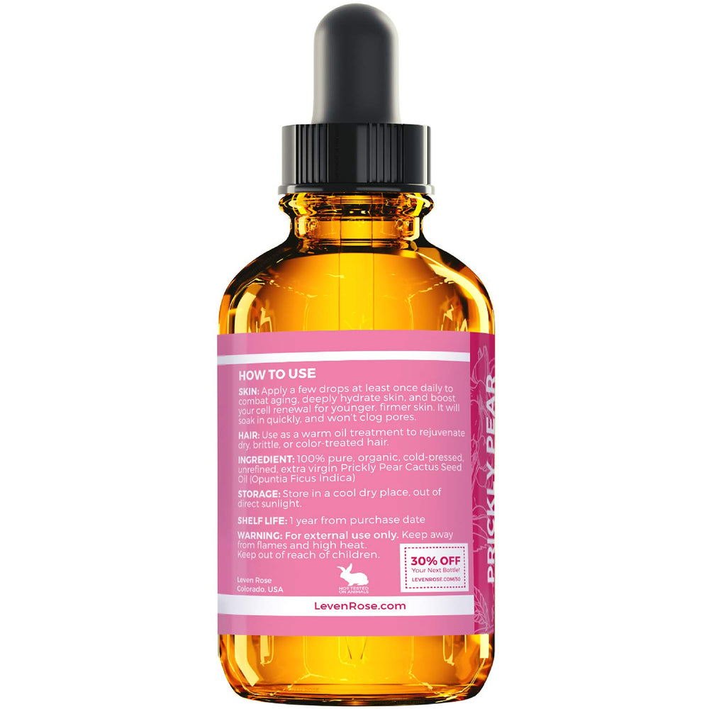 Leven Rose Prickly Pear Seed Oil label close-up conveys purity and organic cold-pressed quality.
