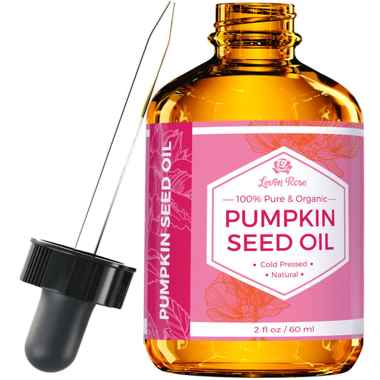 Leven Rose pumpkin seed oil bottle for skin hydration and hair nourishment.