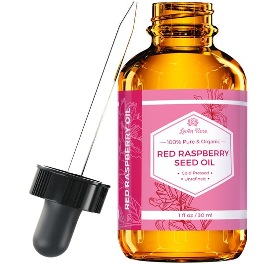Leven Rose Red Raspberry Seed Oil bottle showing pure organic oil for radiant skin.